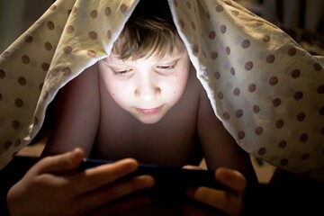 A cute little teen boy hides under a blanket and watches a fairy tale about magical worlds on a tablet