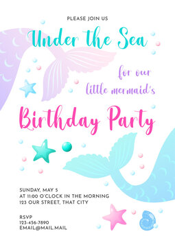 Mermaid party invitation template. Cute illustration of mermaid tail, sea shells and star fish. Birthday concept. Vector 10 EPS.
