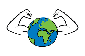 strong earth globe with muscular arms on white background