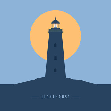 lighthouse silhouette on blue landscape at sunset