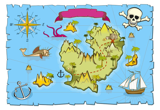 Pirate map template. Treasure island in blue sea