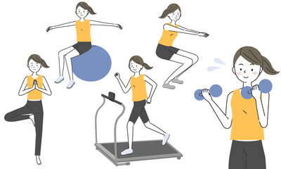 様々なトレーニングをする女性のセット
