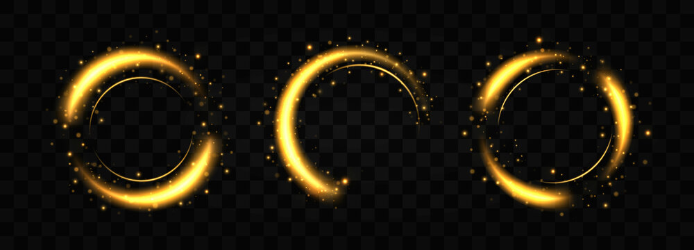 Set Of Gold Light Circles With Sparkles. Light Golden Twirl. Curve Light Effect Of Golden Line. Flash Flies In A Circle In A Luminous Ring.