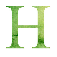 Watercolor green letter H isolated on white background.