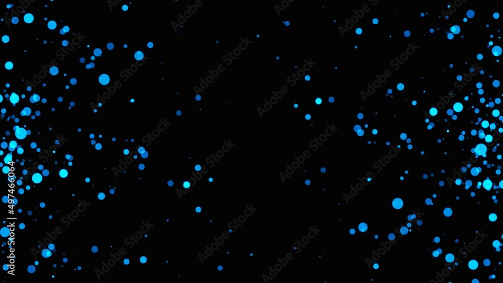 Poster intro animated particle frame. plexus of chaotic circles, spheres. rain. snow. blue confetti. alpha 