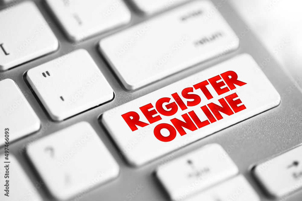 Poster register online text button on keyboard, concept background