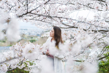 満開の桜とクールな女性