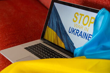 No war message on laptop. Ukraine vs Russia, conflict, cyber attack, invasion, army soldier. Hope...