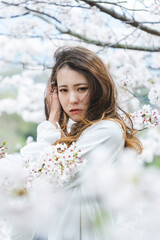 桜の花を見ながら散策する女性