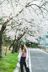 桜の花を見ながら散策する女性