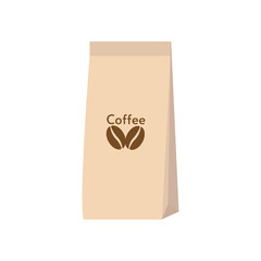 Paper package with coffee beans isolated on white background. Coffee pack. Cartoon vector illustration. Flat design of craft bag