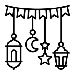 Eve Lamp Lantern and Star  vector line icon Design, Ramazan and Eid al-Fitr Symbol, Islamic and Muslims fasting Sign, Arabic holidays celebration stock illustration, Muslim Festival Bunting Flag Conce