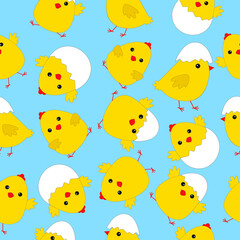 Easter seamless pattern. Funny yellow Easter chickens on a blue background. Vector illustration for design and print