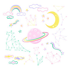 Sky Whimsy Constellation planet Saturn rainbow half moon clouds fallen star vector illustration set isolated on white. Childish sweet colours outer space pyjamas party print collection.
