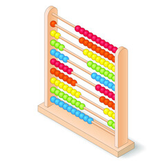 Wooden abacus with colored balls, isometric vector illustration.