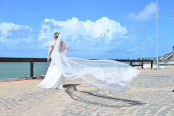 Fototapeta na wymiar bride in dress on beach, bride with her back and veil flying