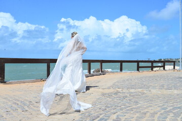 Fototapeta na wymiar bride in dress on beach