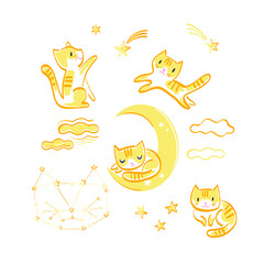 Cute cat play with fallen stars sleep on half moon run sit among clouds vector illustration set isolated on white. Childish felt pen hand drawn whimsy yellow kitten print collection for baby textile.