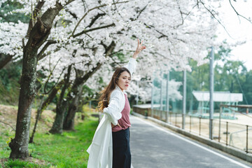 桜の花を見ながら散策する女性
