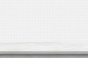 Empty white marble table top with blur tile wall bathroom background