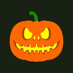 Halloween pumpkin icon. Vector. Autumn symbol. Flat design. Halloween scary pumpkin with smile, happy face. Orange squash silhouette isolated on white background. Cartoon colorful illustration.