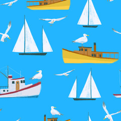Seamless pattern with tropical sea elements. Ships, sailing yachts, steamships, seagulls on a bright blue background.
