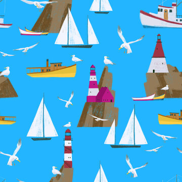 Seamless pattern with tropical sea elements. Ships, sailing yachts, steamships, seagulls on a bright blue background.