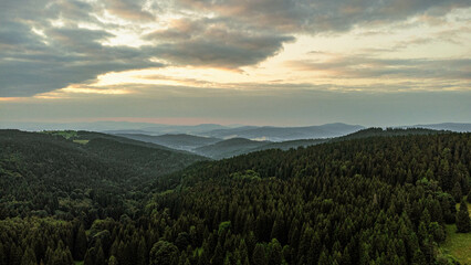 sunset in the mountains from drone