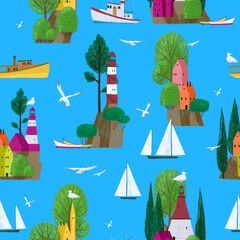 Seamless pattern with bright islands. Ships, sailing yachts, steamships, lighthouses, color houses, seagulls on a bright blue background
