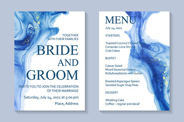Modern watercolor background or elegant card design for birthday invite or wedding or menu with abstract blue ink waves and golden splashes.