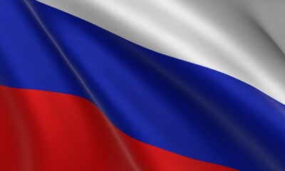 Fototapeta premium Flag of Russia close-up - the state symbol of the country. The Russian tricolor fluttering in the wind. Fragment of the textile flag of Russia. 3D rendering