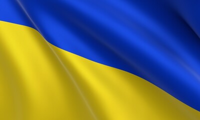 Fototapeta premium Flag of Ukraine fluttering in the wind, close-up. Yellow and blue colors of the national flag of Ukraine. Fragment of the textile flag of Ukraine. 3D render
