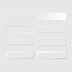  Rectangle 3D white vector web buttons. UI UX realistic user interface elements. Sliders for websites, mobile menu, navigation and apps. Neumorphism minimalism style.