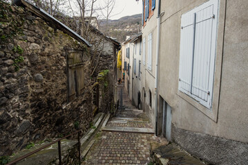 House fronts in Ax Les Thermes on a winter afternoon in 2022.