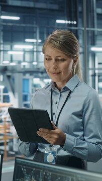 Vertical Screen. Car Factory Office Concept: Portrait of Successful Female Chief Automotive Engineer Using Tablet Computer. Automated Robot Arm Assembly Line Manufacturing Electric Vehicles