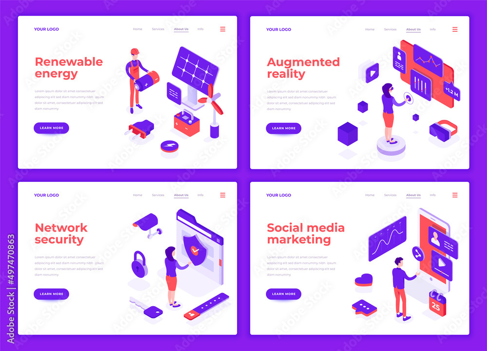 Wall mural business people characters interact with icons vector illustrations. landing page templates. 3d isom