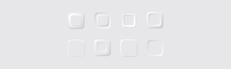 Geometric shapes square white background with light shadows. Web elements geometry modern neumorphism trend design. 3D minimalism vector buttons neumorphic design.