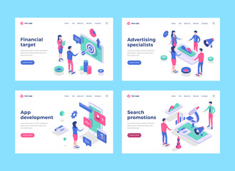 Business people characters interact with icons. Landing page templates. 3d isometric vector illustrations set.