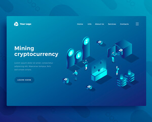Mining cryptocurrency characters office people and interact with computers landing page or banner template. 3d isometric vector illustration.