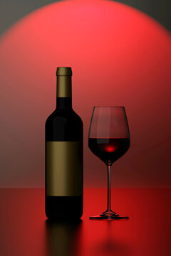 Image of a bottle of red wine with gold label and a full glass goblet in photo-realistic style on a red dark background. 3d illustration