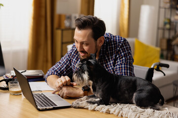 A man in a wheelchair sits at his desk and browses websites dedicated to dog beds. The man becomes interested in one of them and shows it to his dog. The interested pet looks at the screen .