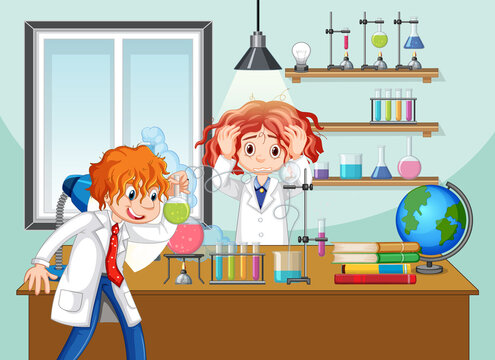 Classroom scene with scientist doing experiment