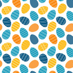 Seamless pattern of orange and blue Easter eggs on white background. Painted eggs with stripes, waves, zigzags. Spring holiday background. Vector Illustration