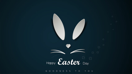Fototapeta na wymiar Easter day celebration concept. rabbit face icon and rabbit footprints. Web banner, poster and template design vector illustration. backdrop on dark blue color.