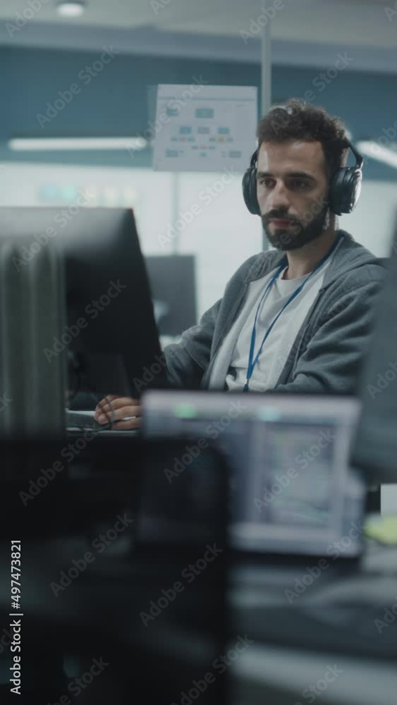Aufkleber Vertical Screen. Diverse Office: Enthusiastic White IT Programmer Working on Desktop Computer. Male Specialist Creating Innovative Software. Engineer Developing App, Program, Video Game