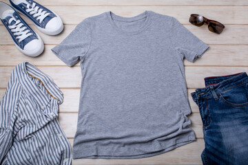 Gray T-shirt mockup with sneakers and striped shirt