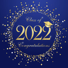 Educational awards concept. Class of 2022 year greetings. Class off event, shiny golden circle. Isolated abstract graphic design template. Decorative frame. Handwriting calligraphy. Science cylinder. © koltukovs