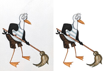 Сute seagull sailor cleaning the deck of a ship, character watercolor illustration painted by hand