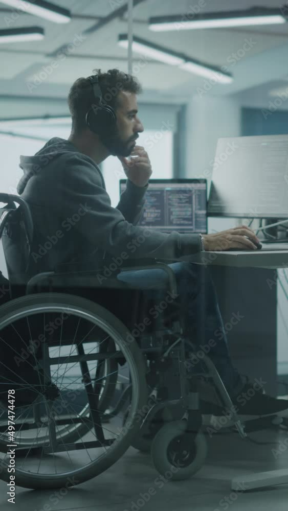Aufkleber Vertical Screen. Disability-Friendly Office: IT Programmer with Disability an a Wheelchair Working on Desktop Computer. Male Specialist Create Inspirational Software. Engineer Develop Innovative App
