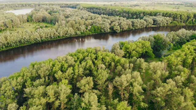Desna river aerial landscape. Sunny day with clear sky